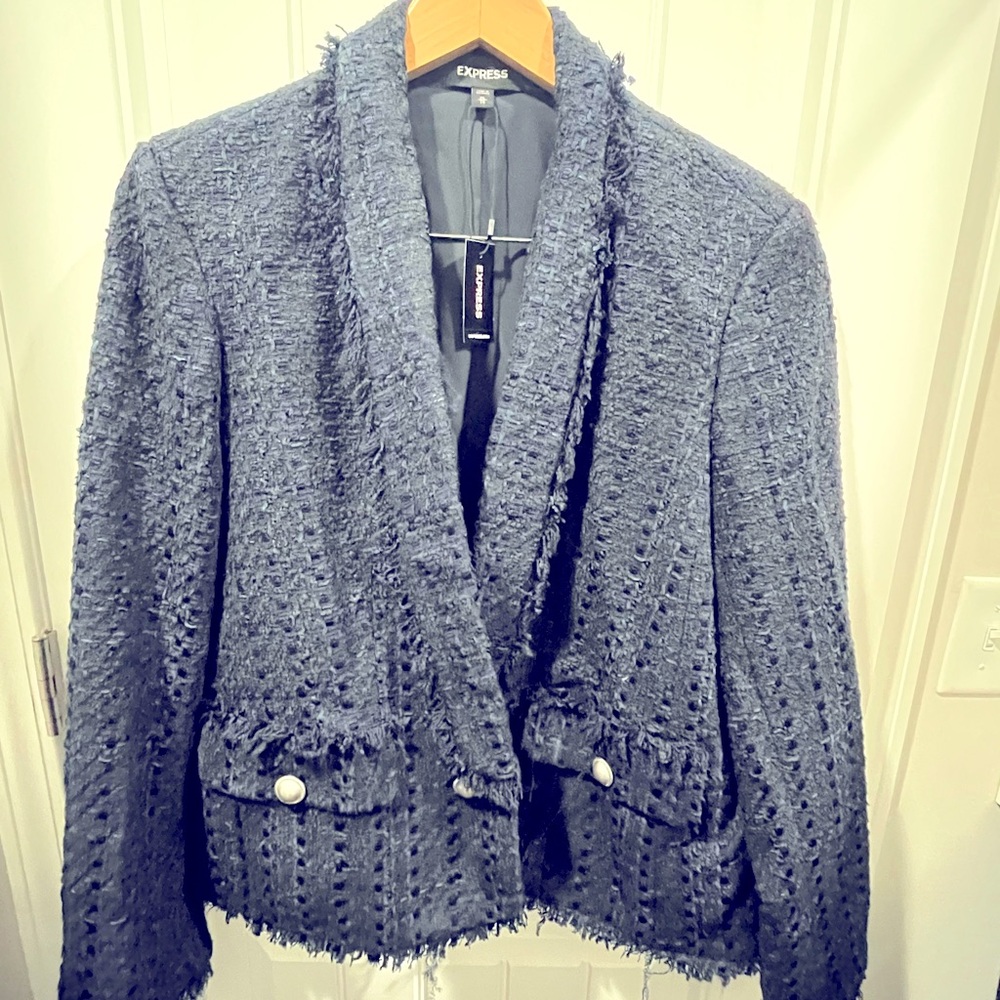 EXPRESS women’s jacket with button & frayed edge detailing, size XL. NWT. Navy